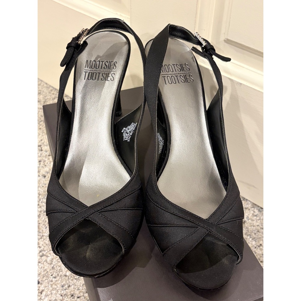Mootsies Tootsies Mokorine Black Slingback Peep Toe Heels Rhinestone Buckle 8M